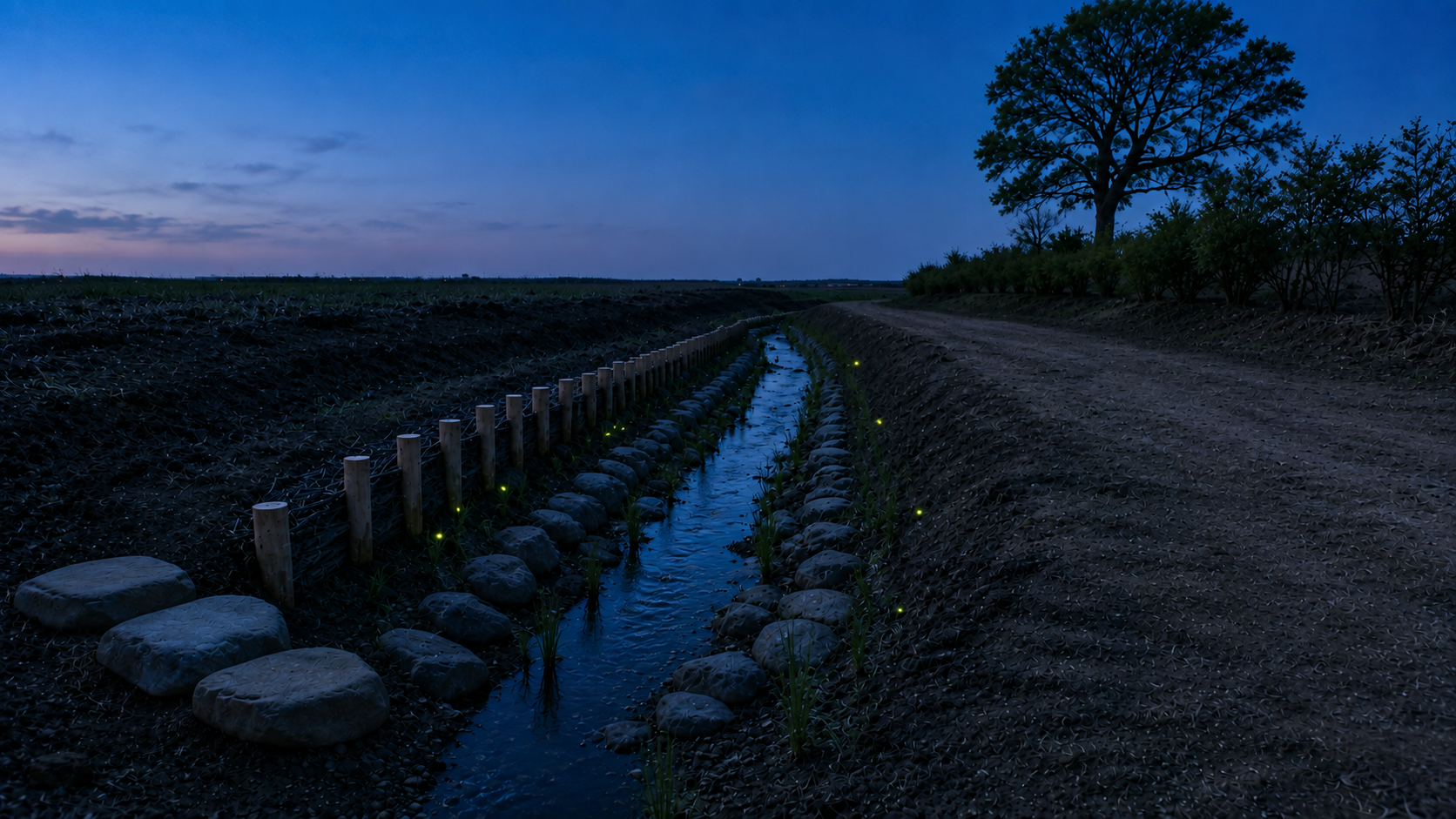 初夏の夜、水際にホタルの光がわずかに浮かぶ水辺